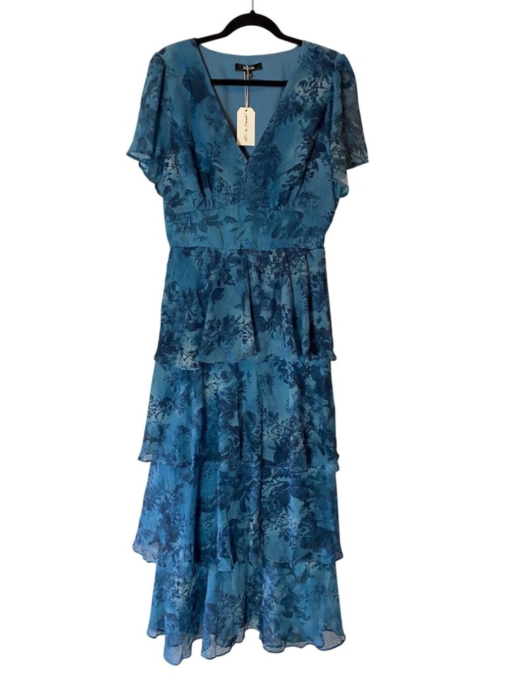 NWT Ador Blue Floral Tiered Maxi Dress Flutter Sleeves XL - Picture 2 of 10